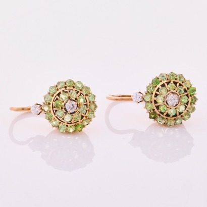 14ct Yellow Gold, Vintage, Peridot / .16ct Diamond Drop Earrings