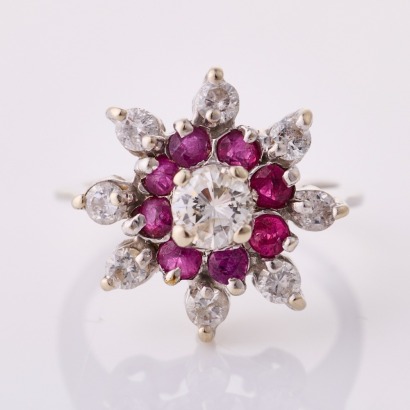 14ct White Gold, .90ct Diamond / .65ct Ruby Cluster Ring