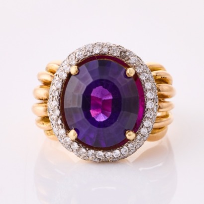 18ct Yellow Gold, 1.00ct Diamond / 8.00ct Oval Amethyst Dress Ring