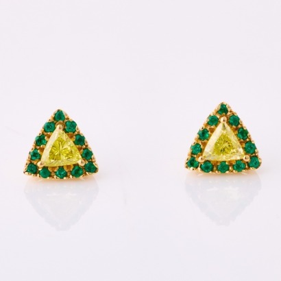 18ct Yellow Gold, Modern, .85ct Fancy Intense Yellow Diamond / .26ct Emerald Earrings