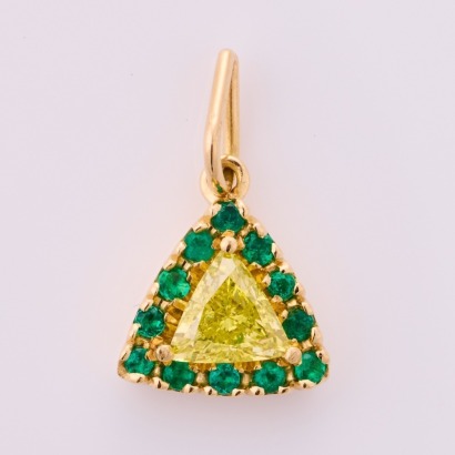 18ct Yellow Gold, .49ct Fancy Intense Yellow Diamond / .11ct Emerald Pendant