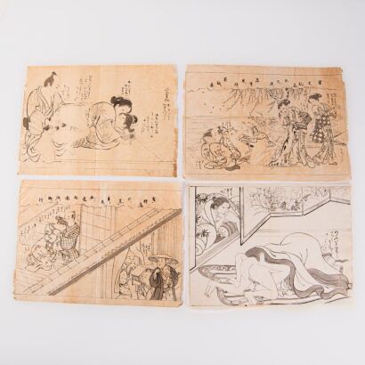 Four Japanese 20th Century Hand-drawn Erotic Ukiyo-e Paintings