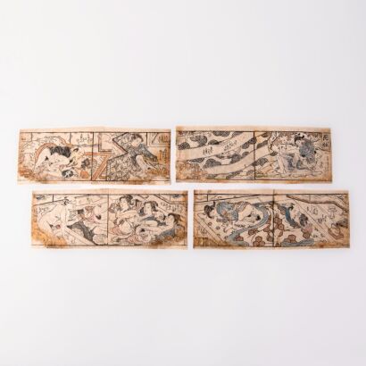 Four Japanese 20th Century Hand-drawn Erotic Ukiyo-e Paintings