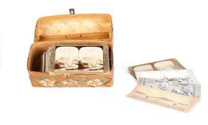 A Wooden Veneer Basket Box Containing Over 100 Steroscopic Views