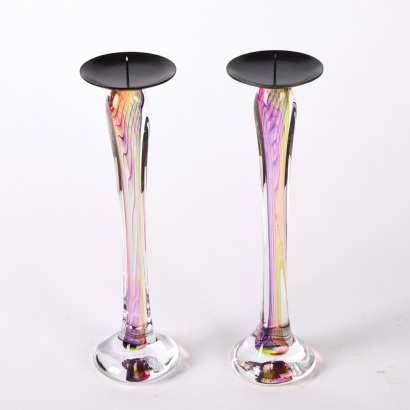 A Pair of Art Glass Jan Benda Krystuna Candlesticks