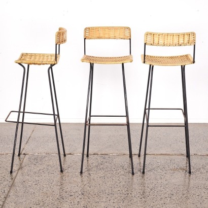 A Trio Of Retro Seventies New Zealand Made Plasticised Cane Barstools