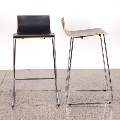 A Pair Of Black Minimal Plywood Formed Sleigh Based Barstools