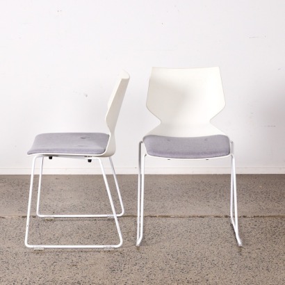 A Pair of Sleigh Base Chairs in White with Grey Seat