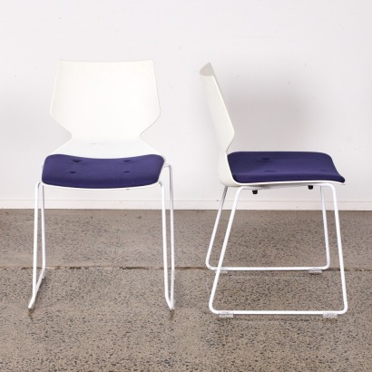 A Pair of Sleigh Base Chairs in White with Blue Seat