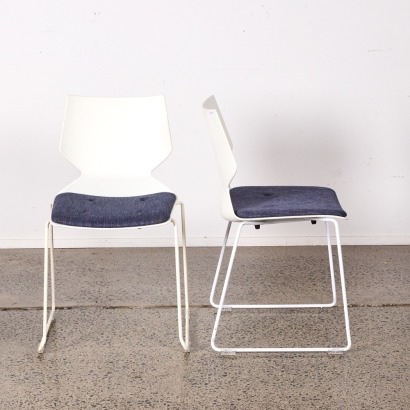 A Pair of Sleigh Base Chairs in White with Denim Seat