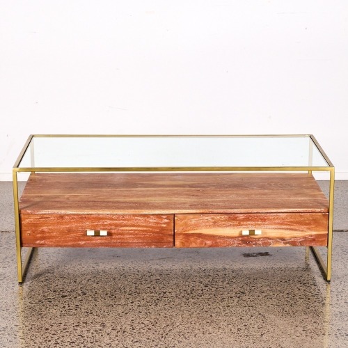 A Teak & Gold Four Drawer Coffee Table with Glass Top