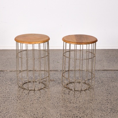 A Pair of Caged Metal & Wood Side Tables