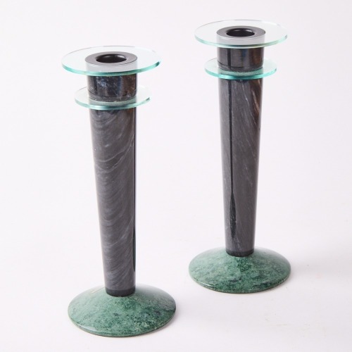 A Pair of Milano Green Marble and Lucite Postmodern Candlesticks