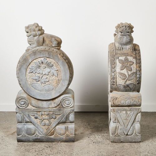 A Pair Of Chinese 'Lion and Drum' Stone Piers