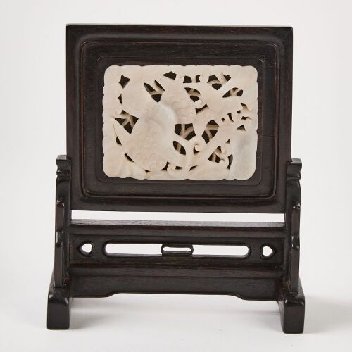 A Chinese Old Jade ' Flowers And Birds' Table Screen