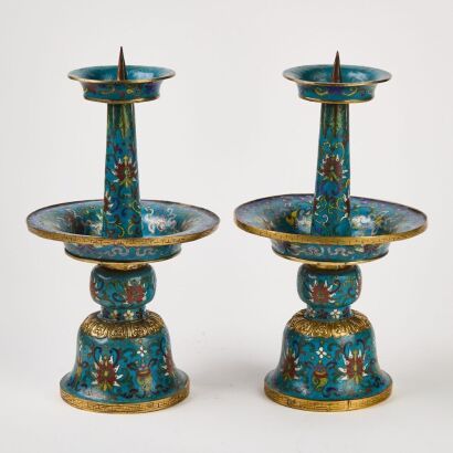 A Pair of Chinese Mid-Qing Dynasty Cloisonne Candlesticks