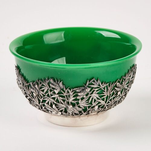 A Green Peking Glass Bowl And A Silver 'Flowers and Birds' Saucer