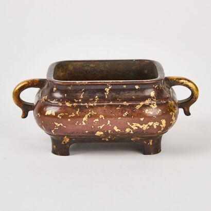 A Chinese Qing Dynasty Gold-splashed Bronze Handled Incense Burner