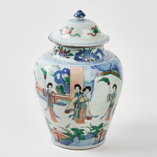 A Chinese Qing Dynasty Kangxi Blue And White And Wucai Ladies Jar And Cover