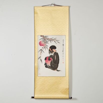 Deities of Longevity - A Chinese Painting (Zhou Chuanyu Stamp)