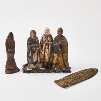 Four Chinese Qing Dynasty Wooden Buddha Statues And A Iron Cast Buddha Statue