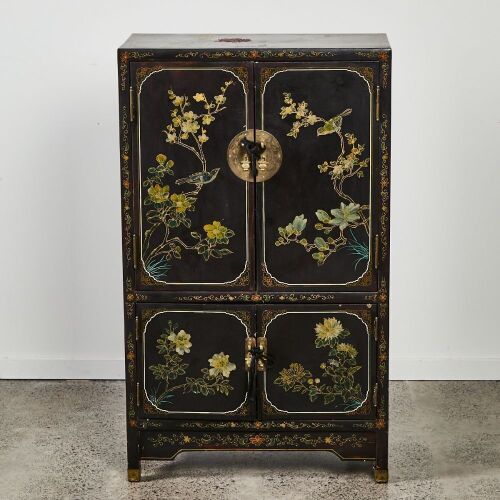 A Chinese Early-Mid 20th Century Black Lacquer 'Flower And Bird' Four-Doors Cabinet