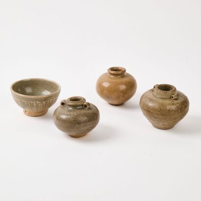 ​​​​​​​Two Chinese Yuan Dynasty Small 'Longquan' Celadon-Glazed Handled Jars and A Chinese Ming Dynasty Small 'Longquan' Celadon-Glazed Jar And A Chinese Ming Dynasty Small 'Longquan' Celadon-Glazed Cup
