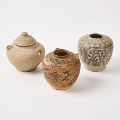 ​​​​​​​Two Chinese Ming Dynasty Small Blue and White Jars AND A Three-Eared Jar With Lid