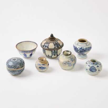 A Group of Seven Chinese Ming, Qing Dynasty Small Blue And White Jars, Boxes and Cups