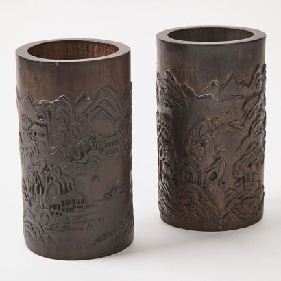 A Pair of Chinese Qing Dynasty Bamboo &lsquo;Landscape&rsquo; Brush Holders