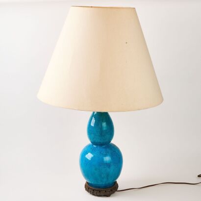 A Chinese 19th Century Turquoise-Glazed Incised Gourd Vase Table Lamp