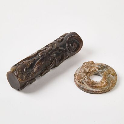 A Chinese Old Jade 'Chilong' Cylindrical Ornaments and Two Chinese Old Jade 'Chilong' Discs
