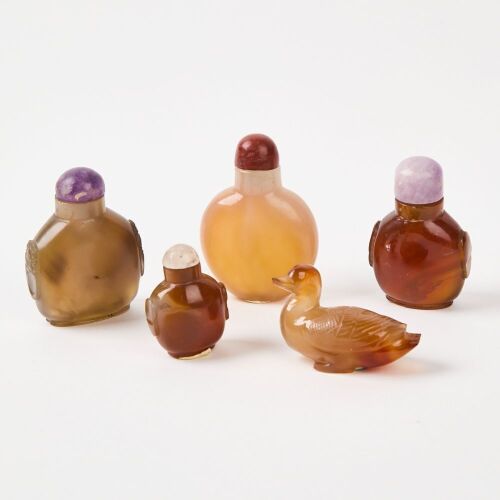 A Group Of Five Chinese Old Agate Snuff Bottles