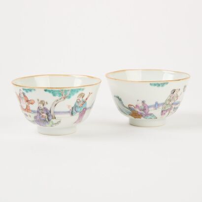 A Pair of Chinese Qing Dynasty Tongzhi Year Famille-rose ‘Figural’ Teacups