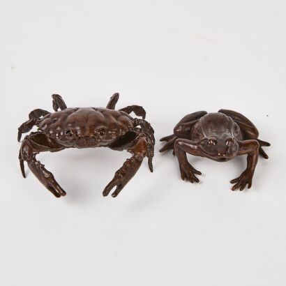 Two Chinese Bronze Cast Crab and Frog Tea-Gifts