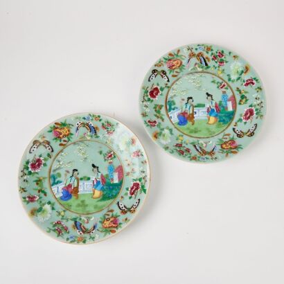 Two Chinese Celadon Famille-Rose ' Figures' Plates (One with Jiaqing Year Mark) (One with Daoguang Year Mark)