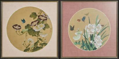 Two 'Flowers And Butterflies In Ink And Colour On Silk' Painting With Frames