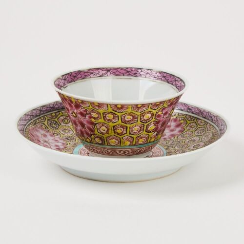 A Set Of Chinese Qing Dynasty Yongzheng Year Famille-rose Brocade 'Floral' Cup and Stand