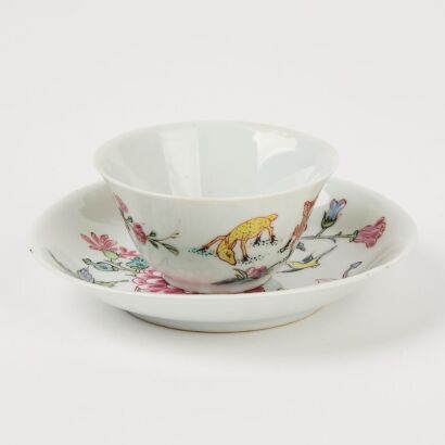 A Set of Chinese Qing Dynasty Yongzheng Year Famille-rose 'Lingzhi and Deer' Cup and 'Flowers and Birds' Stand