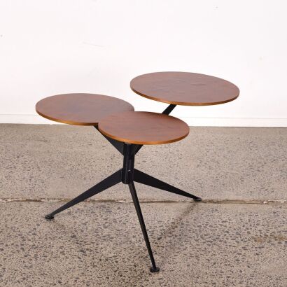 A Three Tiered Side Table in Walnut with Metal Base