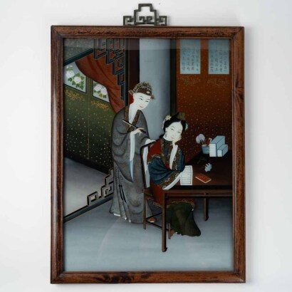 Three Chinese Late Qing Dynasty Glass Paintings Of Ladies