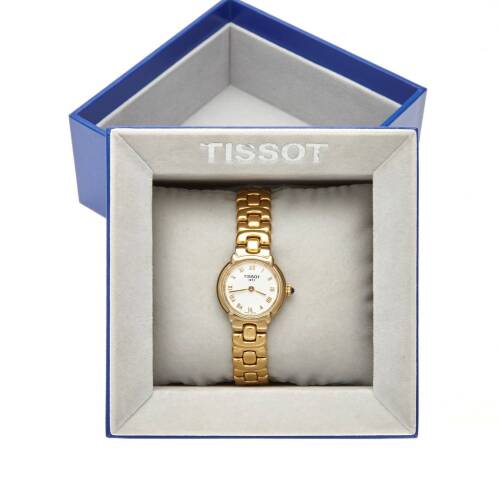 A Lady's wristwatch, Tissot . Quartz. Ref: G327. Circular white dial with applied Roman numerals. Gold plated stainless steel. Case dial and bracelet signed. Box, papers and extra links.