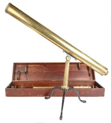 A Victorian Brass Table Telescope with Two Draws and Iron Tripod Stand by 'J H Steward', London.
