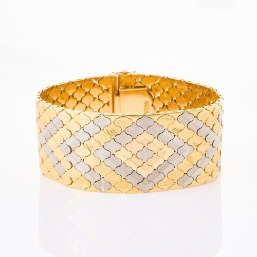 French, Retro, 18ct Yellow / White Gold Honeycomb Geometric Bracelet, circa 1940's