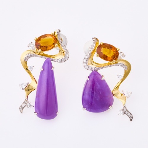 18ct White / Yellow Gold, Citrine / Diamond / Violet Multi Stone, Modern, Fancy Stud Earrings