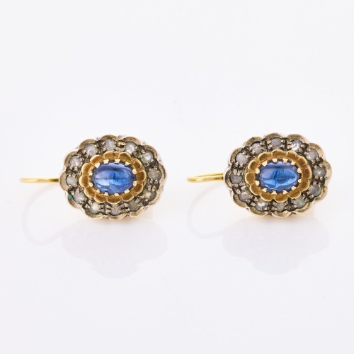 18ct Yellow Gold / Silver, Vintage, 2.11ct Sapphire / .38ct Diamond Earrings