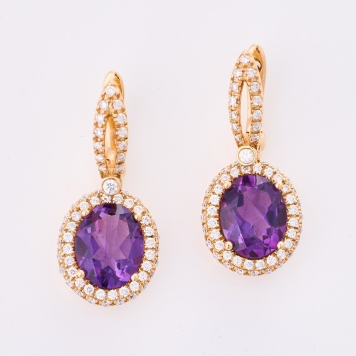 18ct Yellow Gold, Oval Amethyst / .60ct Diamond Drop Earrings