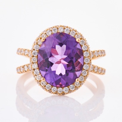 18ct Yellow Gold, Oval Amethyst / .62ct Diamond Ring