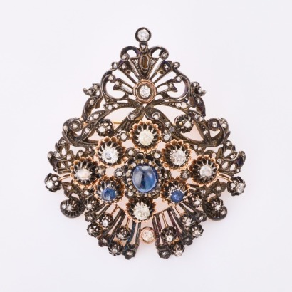 15 - 18ct Rose Gold /Silver, Victorian, 2.80ct Sapphire / 2.58ct Diamond, Large Stomacher Brooch