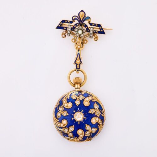 18ct Yellow Gold, Antique, Ornate Enamel, Diamond / Seed Pearl, Fob Pendant Watch